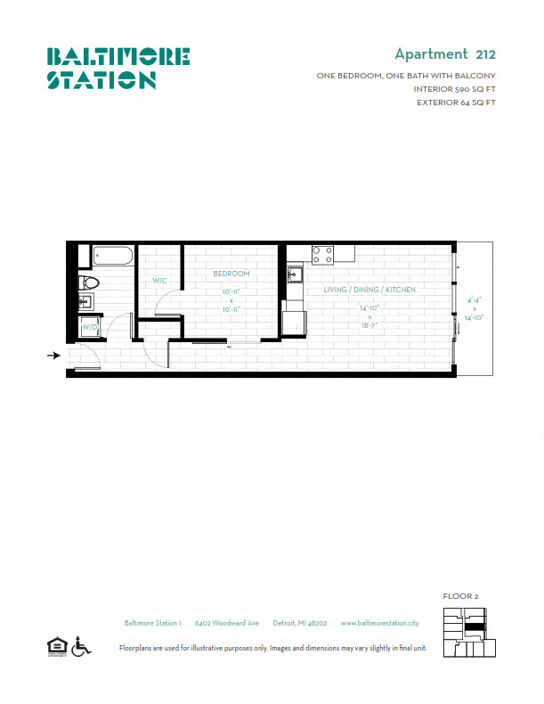 Floor plan for 1 bed, 1 bath, 960 sqft